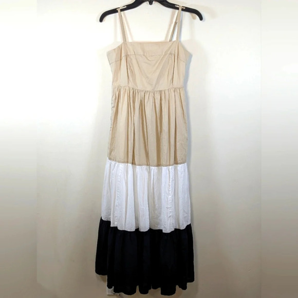J Crew Factory square neck tiered sundress with pockets tan/white/black, size 00 - Picture 1 of 10